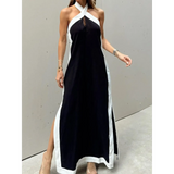 Trendsi black and white crisscross maxi dress for women with sleeveless design and side slits