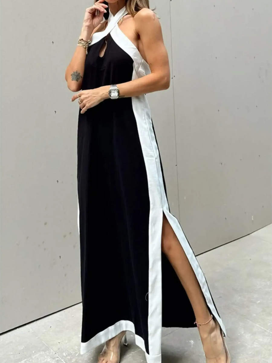 Trendsi black and white crisscross maxi dress for women with side slit and sleeveless design