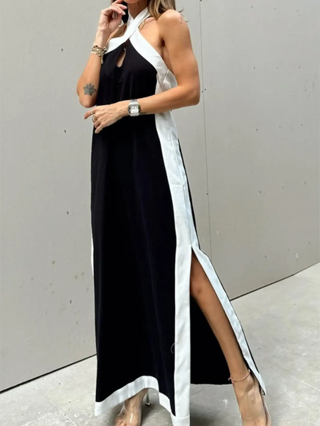 Trendsi black and white crisscross maxi dress for women with side slit and sleeveless design