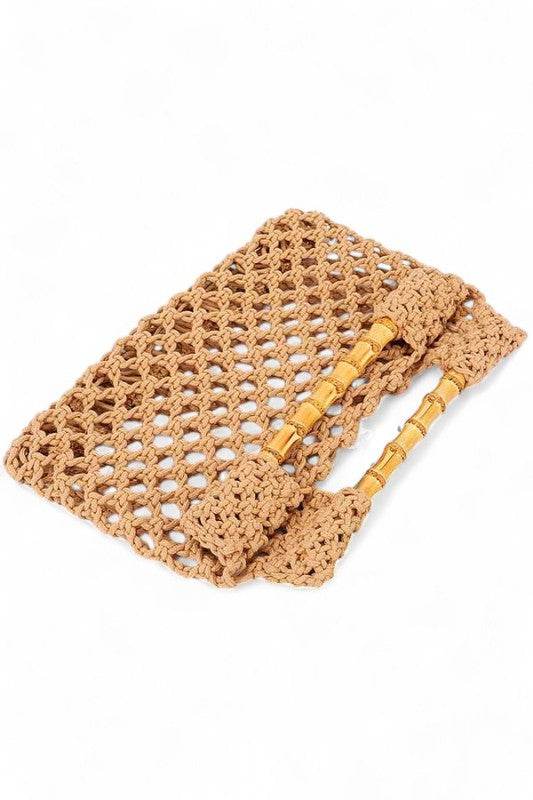 Artini Accessories crochet bamboo handle clutch with open weave design and bamboo handles