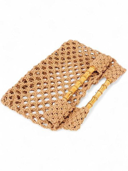 Artini Accessories crochet bamboo handle clutch with open weave design and bamboo handles