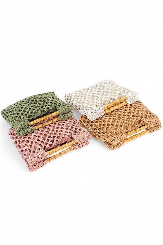 Artini Accessories crochet bamboo handle clutch bags in green white pink and brown colors