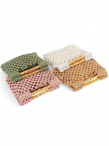 Artini Accessories crochet bamboo handle clutch bags in green white pink and brown colors