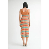 Emory Park midi crochet dress vacation Florida style with orange, teal, and beige stripes seen from back