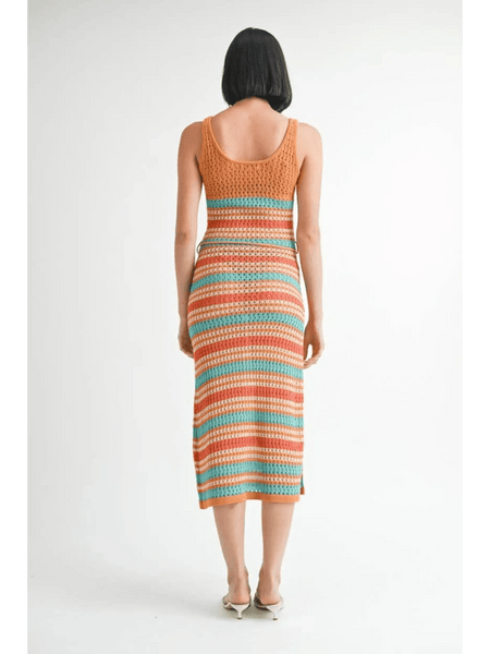 Emory Park midi crochet dress vacation Florida style with orange, teal, and beige stripes seen from back