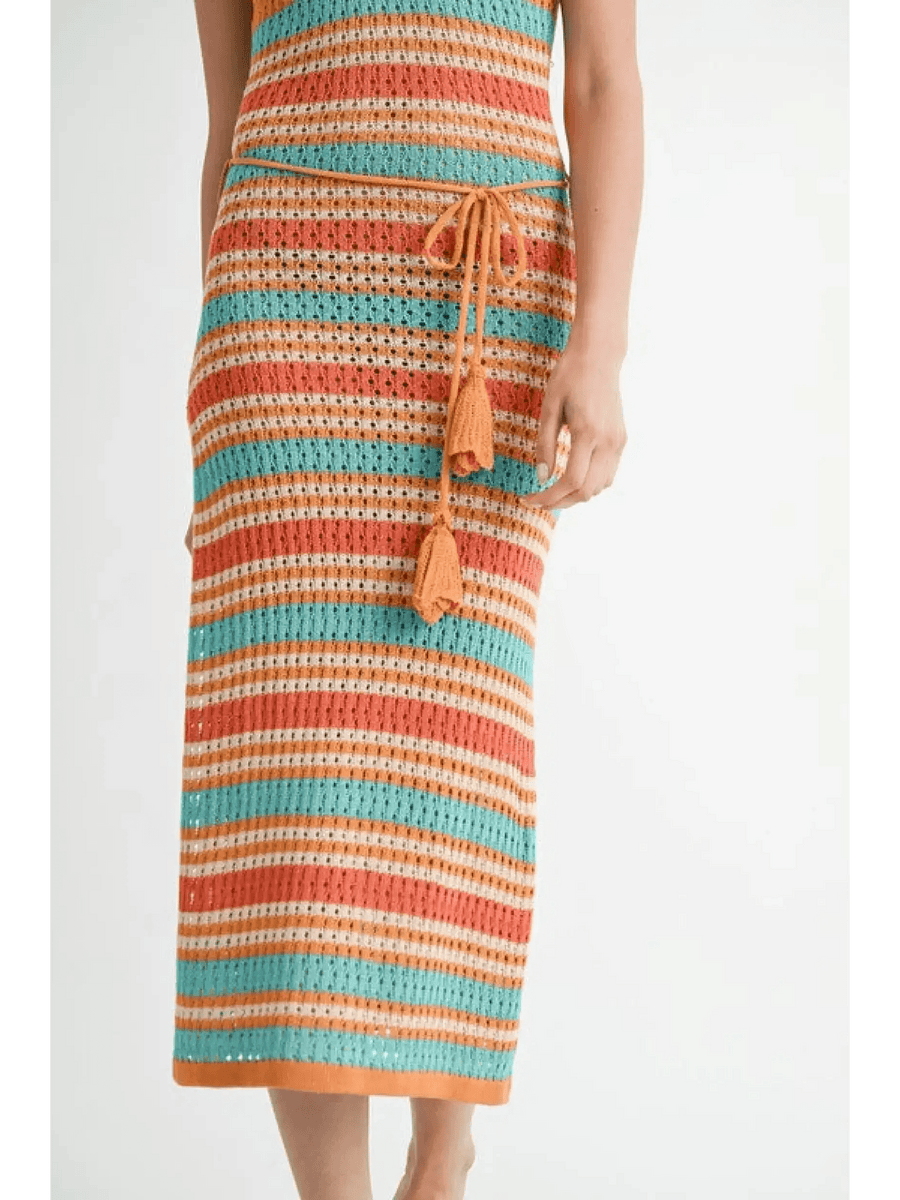 Emory Park crochet dress vacation Florida midi dress with striped orange and teal design and tassel tie