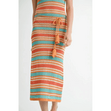 Emory Park crochet dress vacation Florida midi dress with striped orange and teal design and tassel tie