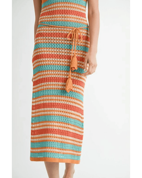 Emory Park crochet dress vacation Florida midi dress with striped orange and teal design and tassel tie