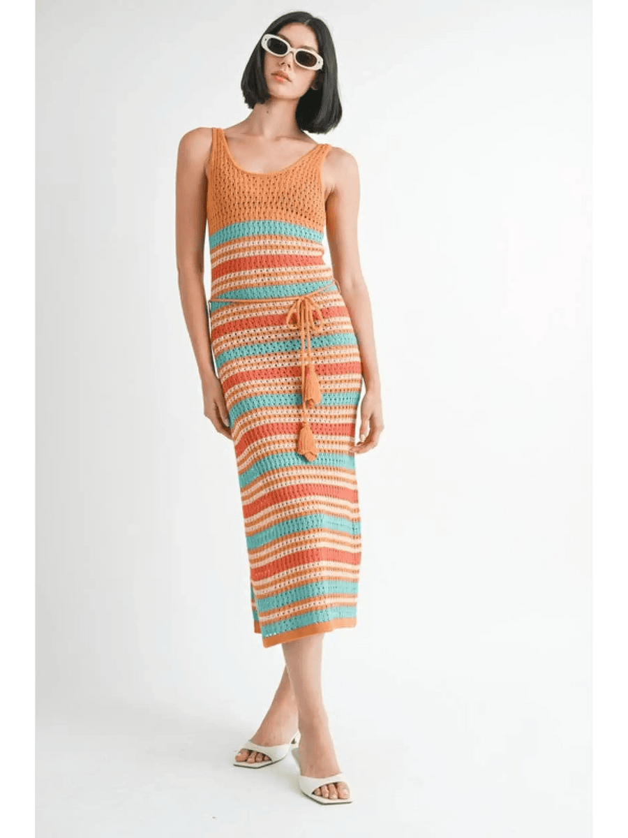 Emory Park crochet dress vacation Florida midi dress with striped pattern and sleeveless design