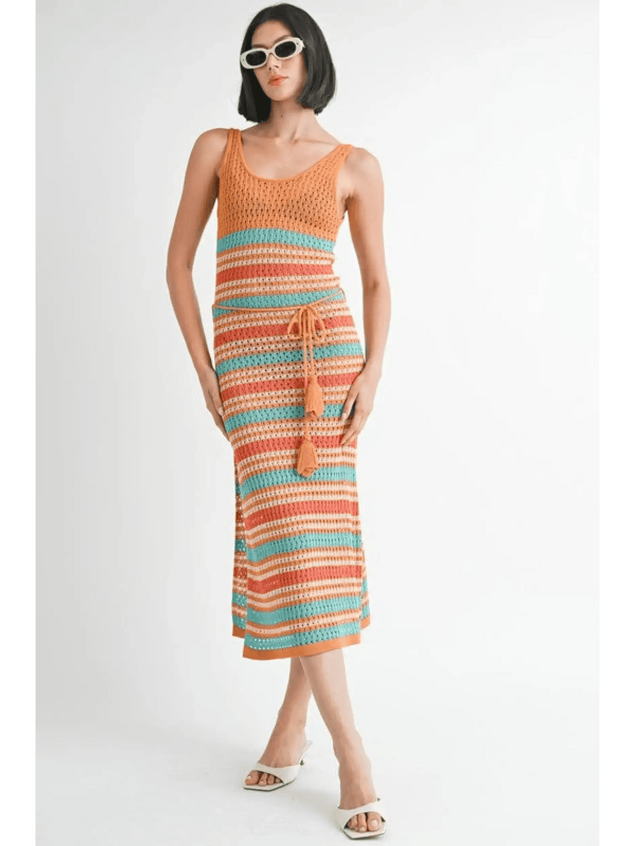 Emory Park crochet dress vacation Florida striped midi dress with tie waist and sleeveless design