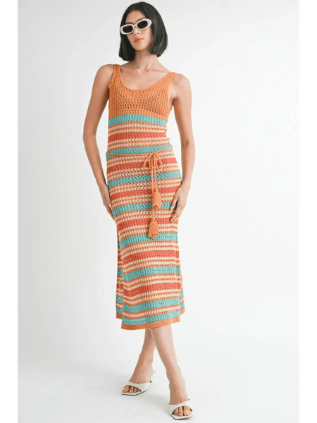 Emory Park crochet dress vacation Florida striped midi dress with tie waist and sleeveless design
