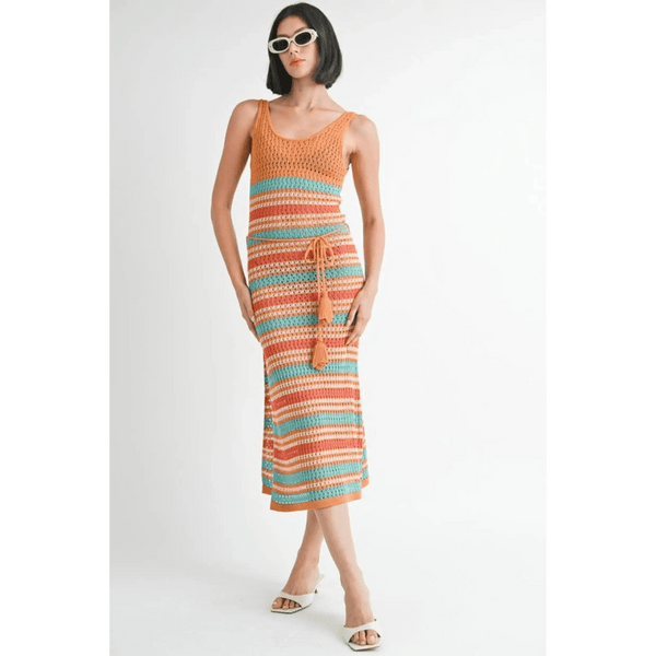 Emory Park crochet dress vacation Florida striped midi dress with tie waist and sleeveless design
