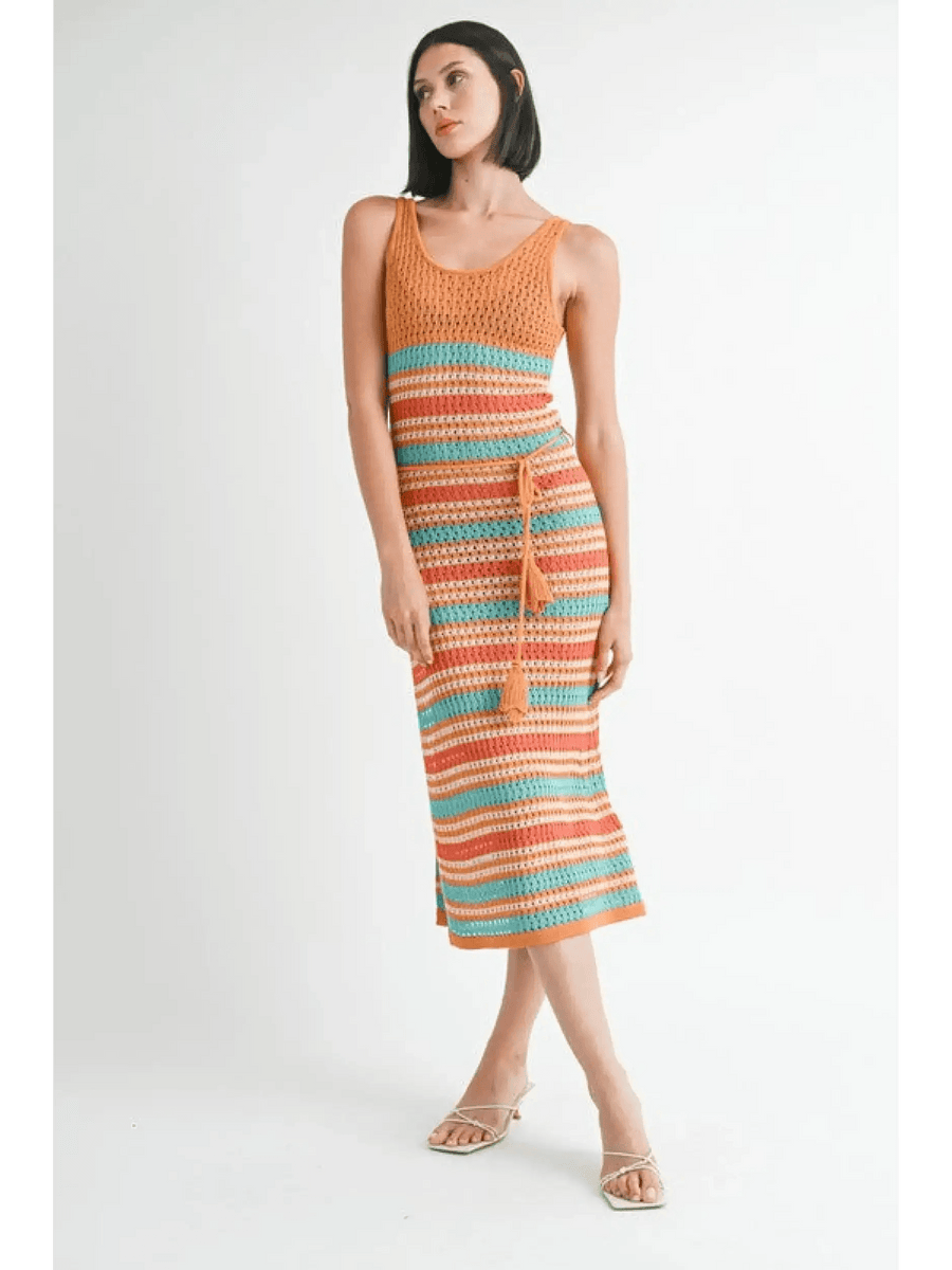 Emory Park crochet dress vacation Florida mid-length sleeveless striped dress with belt