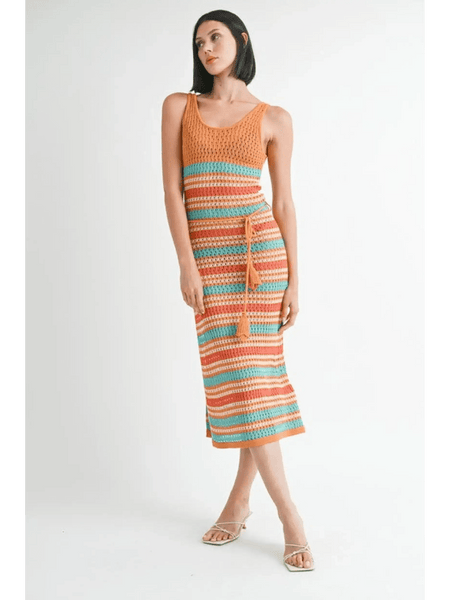 Emory Park crochet dress vacation Florida mid-length sleeveless striped dress with belt