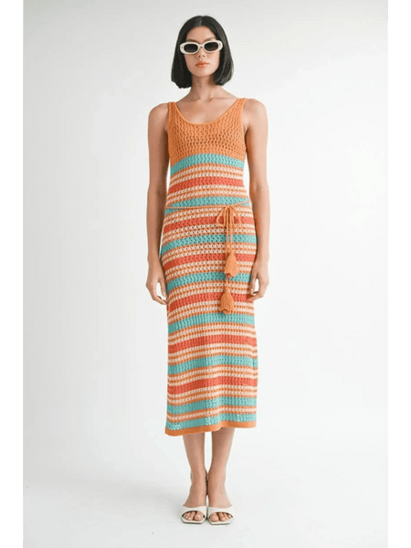 Emory Park crochet dress vacation Florida striped sleeveless midi dress with side tassel belt
