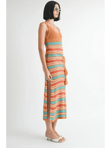 Emory Park Crochet Dress Vacation Florida with orange and turquoise stripes midi dress with side slit