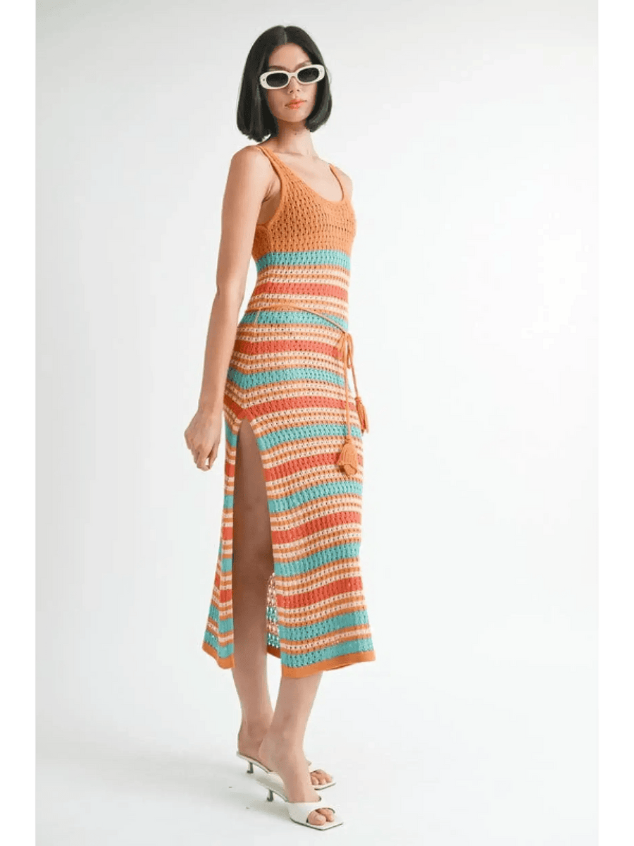 Emory Park colorful striped crochet midi dress with side slit styled for Crochet Dress Vacation Florida