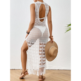 White Crochet Fringe Swimsuit Cover-Up maxi by Babe Beachwear with open back and tassel details