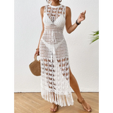 White Crochet Fringe Swimsuit Cover-Up maxi by Babe Beachwear with sleeveless design and tassel hem