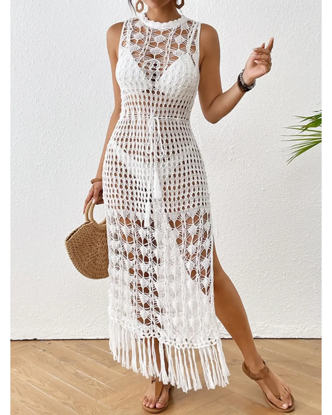 White Crochet Fringe Swimsuit Cover-Up maxi by Babe Beachwear with sleeveless design and tassel hem