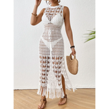 White Crochet Fringe Swimsuit Cover-Up maxi dress with sleeveless design and tassel hem