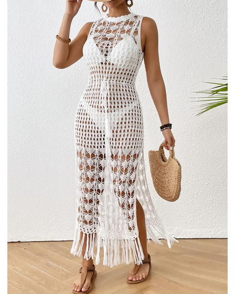 White Crochet Fringe Swimsuit Cover-Up maxi dress with sleeveless design and tassel hem