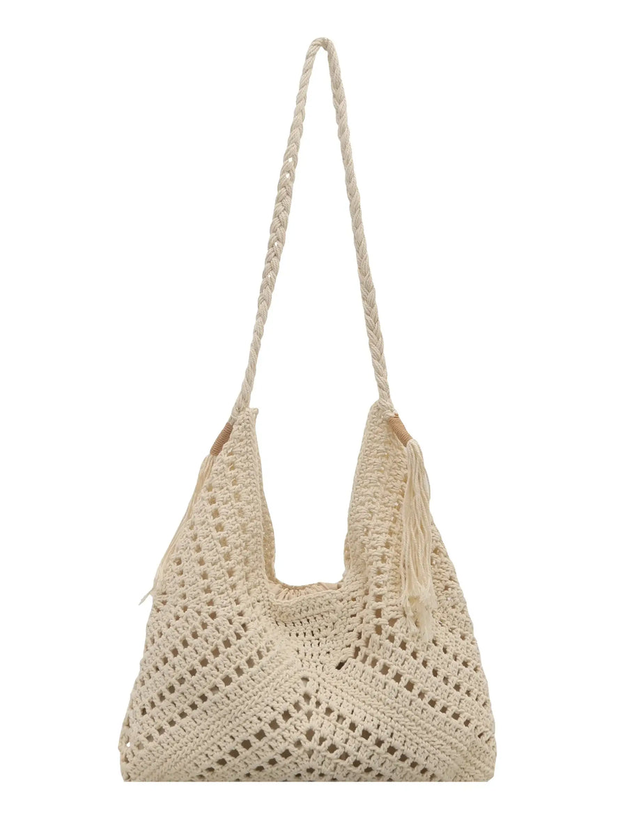 Babe Beachwear Crochet Summer Shoulder bag in beige with braided strap and tassel detail