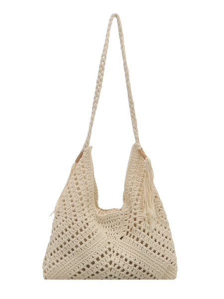 Babe Beachwear Crochet Summer Shoulder bag in beige with braided strap and tassel detail