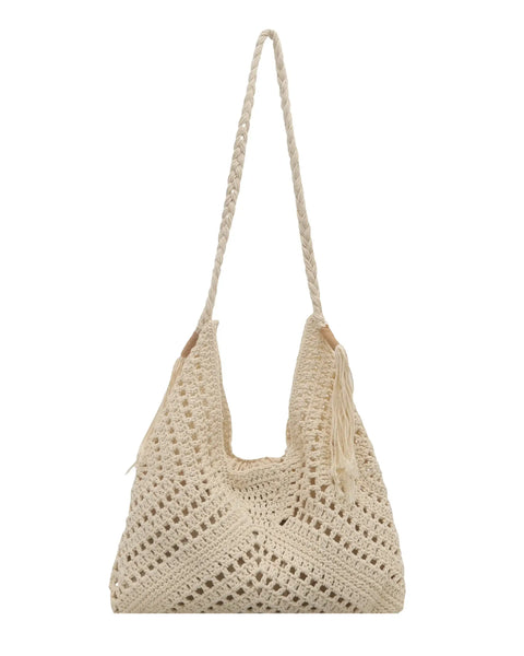 Babe Beachwear Crochet Summer Shoulder bag in beige with braided strap and tassel detail