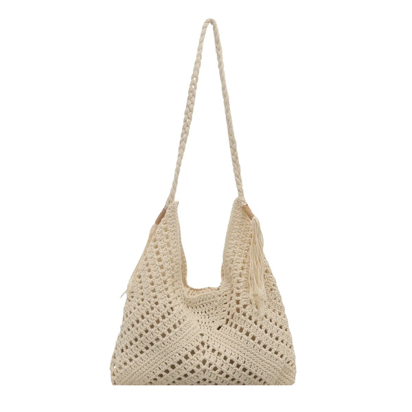 Babe Beachwear Crochet Summer Shoulder bag in beige with braided strap and tassel detail