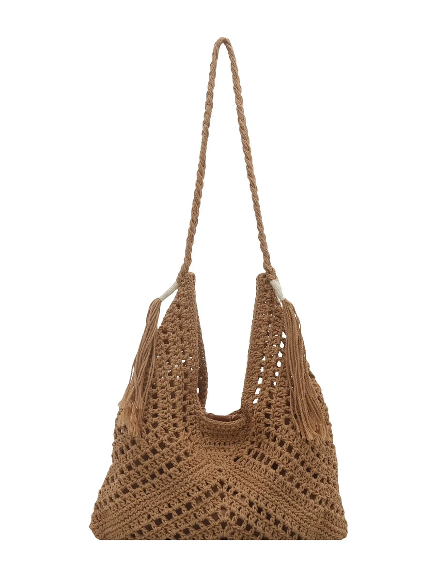 Babe Beachwaer Crochet Summer Shoulder bag in brown with braided strap and tassel details