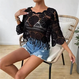 Black cotton crochet beach top with fringe from Chic Cotton Crochet Beach collection