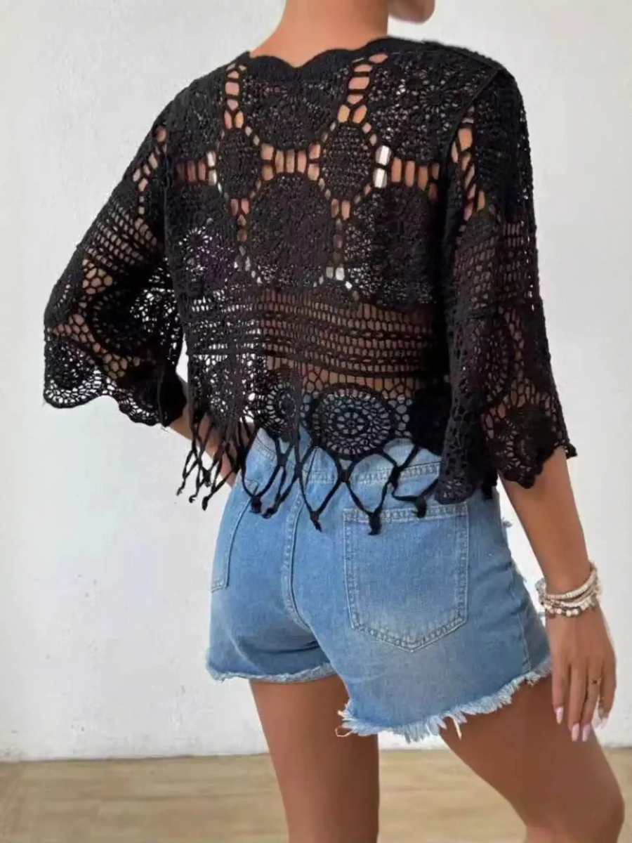 Black crochet bolero on Chic Cotton Crochet Beach Top with Fringe Fun, perfect for summer