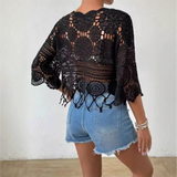 Black crochet bolero on Chic Cotton Crochet Beach Top with Fringe Fun, perfect for summer