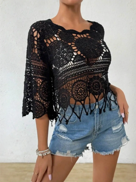 Black cotton crochet beach top with fringe for stylish summer looks