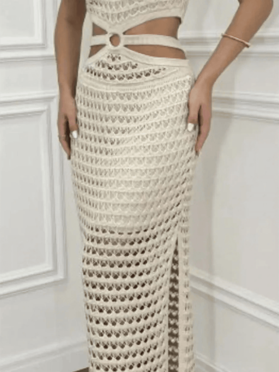 Trendsi crocheted vacation dress for women in beige maxi style with cutout and ring detail