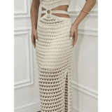Trendsi crocheted vacation dress for women in beige maxi style with cutout and ring detail