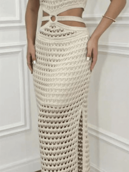 Trendsi crocheted vacation dress for women in beige maxi style with cutout and ring detail