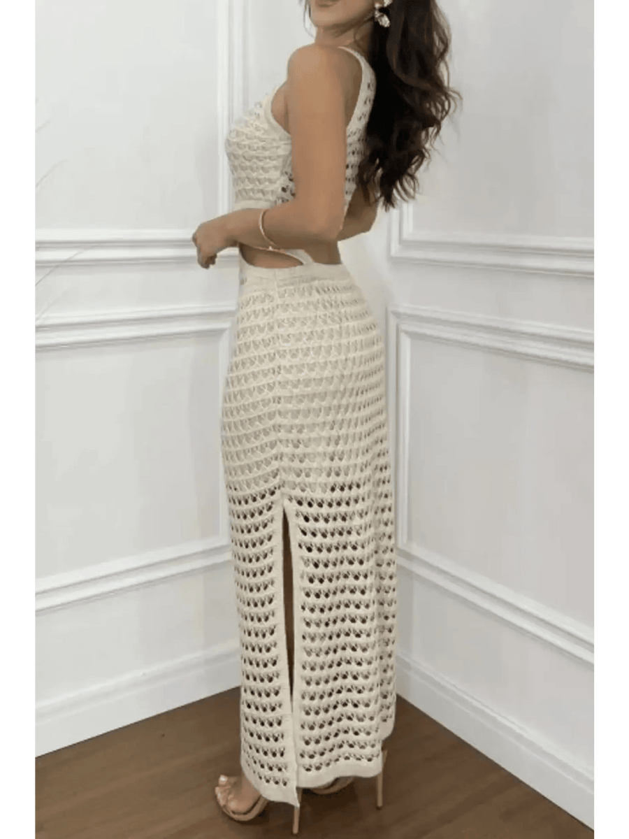 Trendsi crocheted vacation dress for women in white sleeveless maxi style with side slit