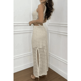 Trendsi crocheted vacation dress for women in white sleeveless maxi style with side slit