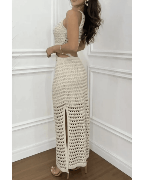 Trendsi crocheted vacation dress for women in white sleeveless maxi style with side slit