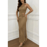 Trendsi crocheted vacation dress for women sleeveless maxi dress with side cutout and slit in beige