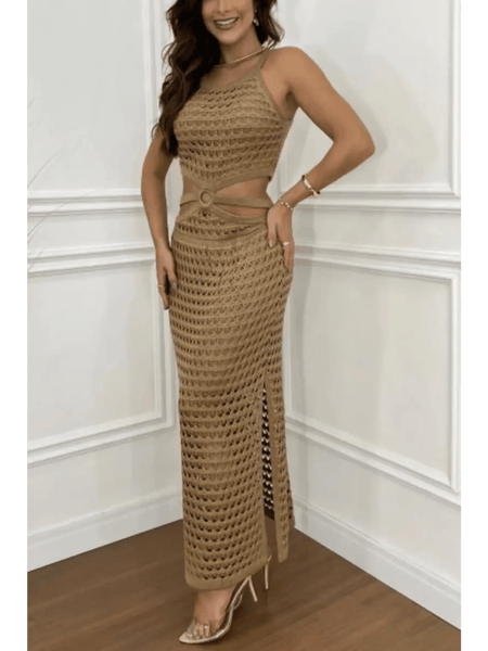 Trendsi crocheted vacation dress for women sleeveless maxi dress with side cutout and slit in beige