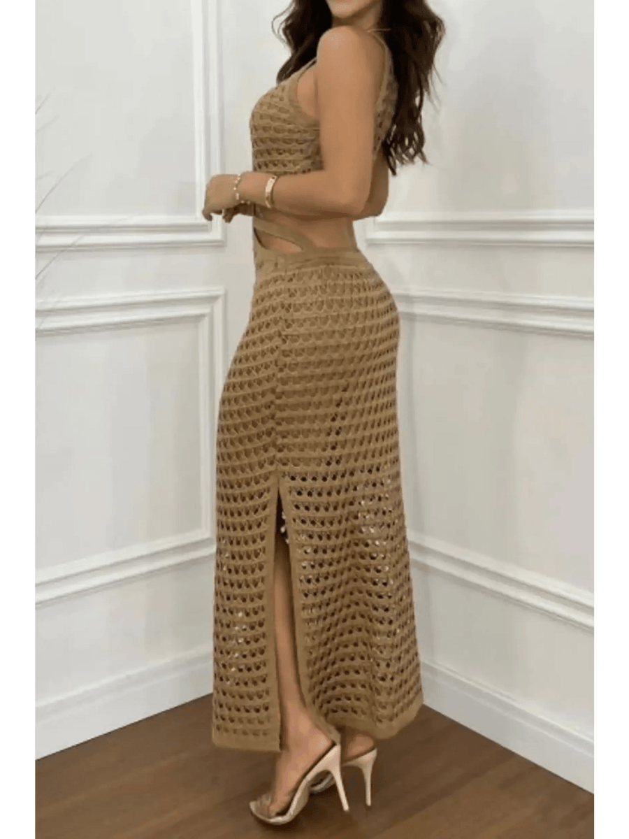 Trendsi crocheted vacation dress for women in tan with side slit and sleeveless design