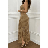 Trendsi crocheted vacation dress for women in tan with side slit and sleeveless design