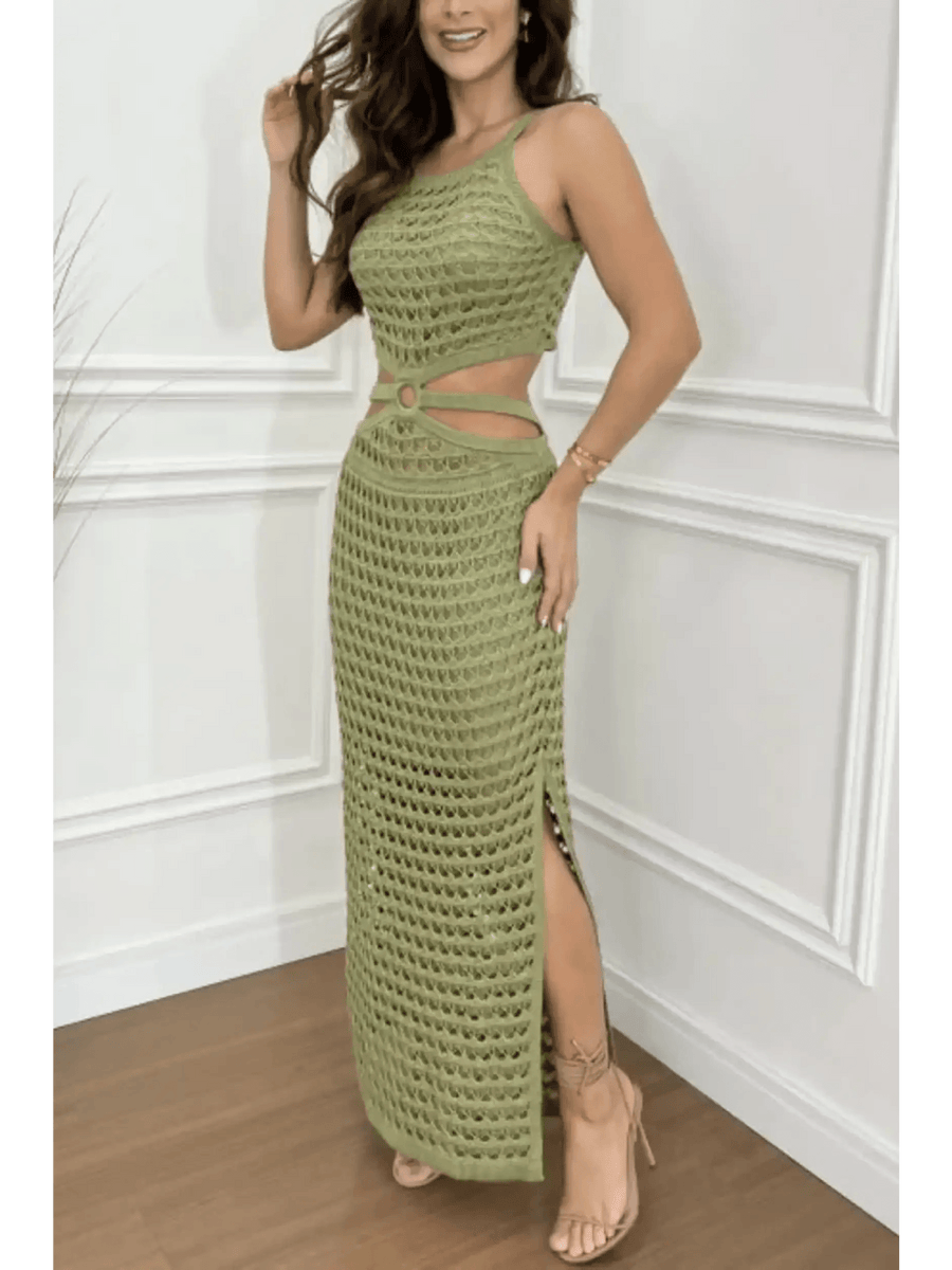Green crocheted vacation dress for women by Trendsi with cutout waist and side slit maxi length