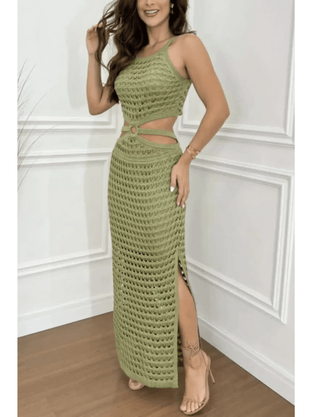 Green crocheted vacation dress for women by Trendsi with cutout waist and side slit maxi length