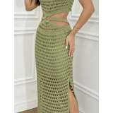 Trendsi olive green crocheted vacation dress for women maxi style with side slit and cut-out details
