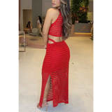 Trendsi red crocheted vacation dress for women maxi dress with side slit and halter top design