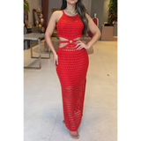 Trendsi red crocheted vacation dress for women with cutout waist design maxi dress